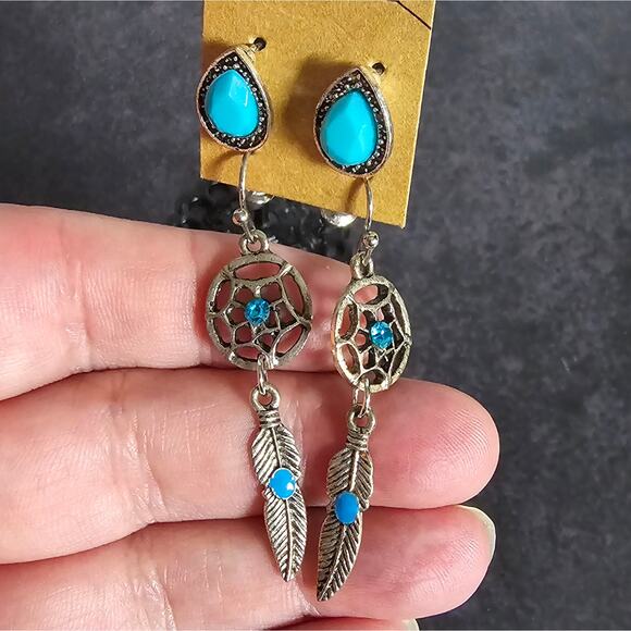 Boutique New turquoise teardrop and dream catcher earrings set - Picture 3 of 5
